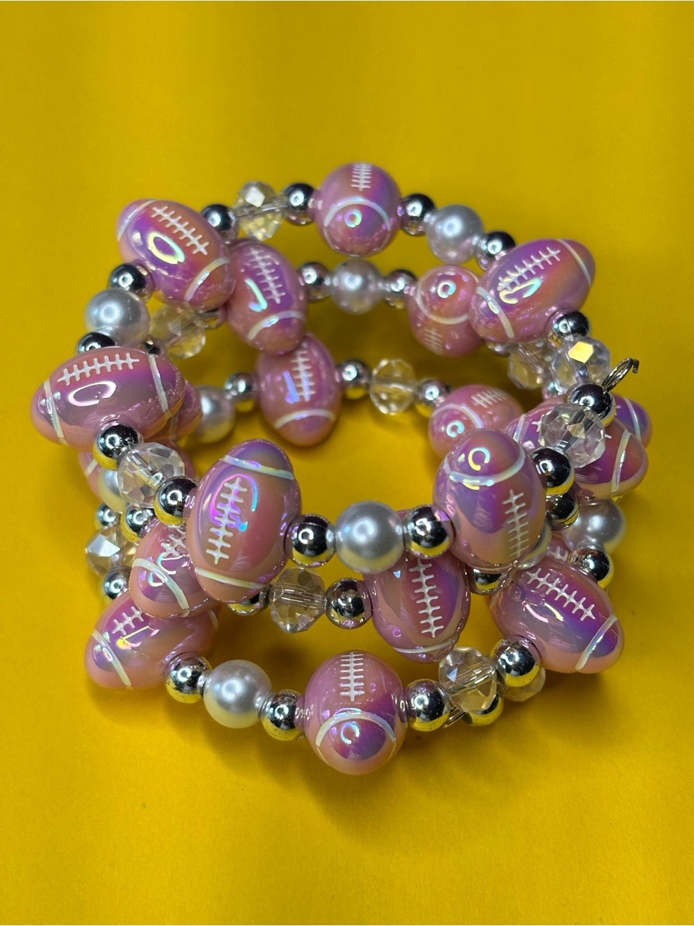 Pink Football Bead Coil Bracelet with Silver & Pearl Accents